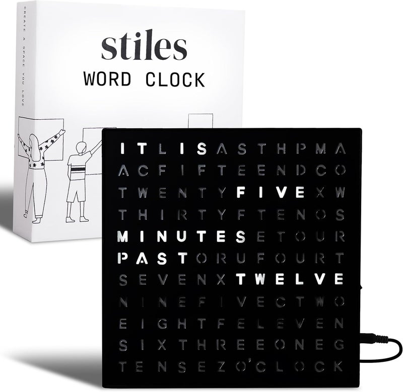 Stiles Word Clock, 8" by 8" Modern LED Desk Clock with USB Cable, Aluminum, Unique with Words, Contemporary, Living Room, Bedroom, Home, or Office Lightup Decor, Gift Item, Black - Image 1